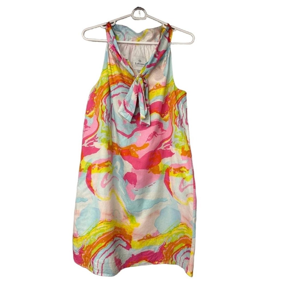 LaRoque Original Pink Marble Swirl Tie Neck Cotton Shift Dress Womens XS